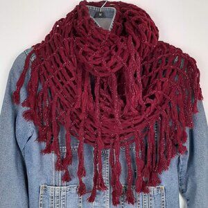 Steve Madden Maroon Infinity Scarf with Fringe and Sparkles. Festive Cozy Boho